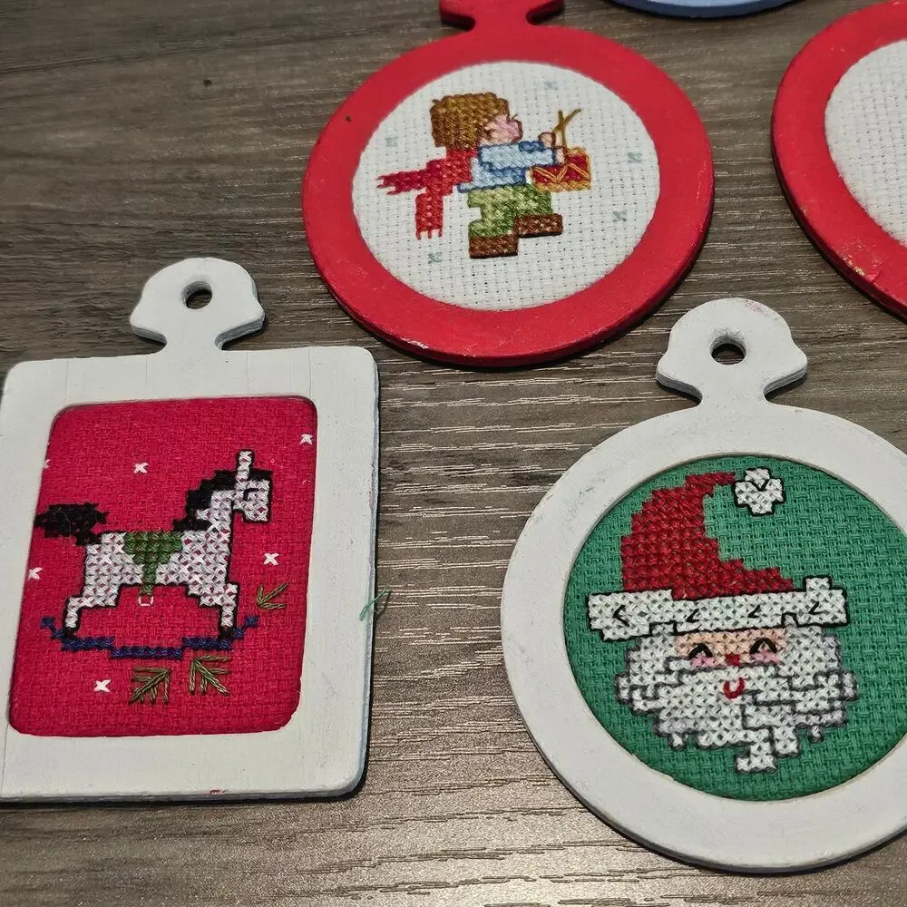 Vintage Christmas Cross Stitch Ornaments 80s Hand Made Santa Candle Snow Toys